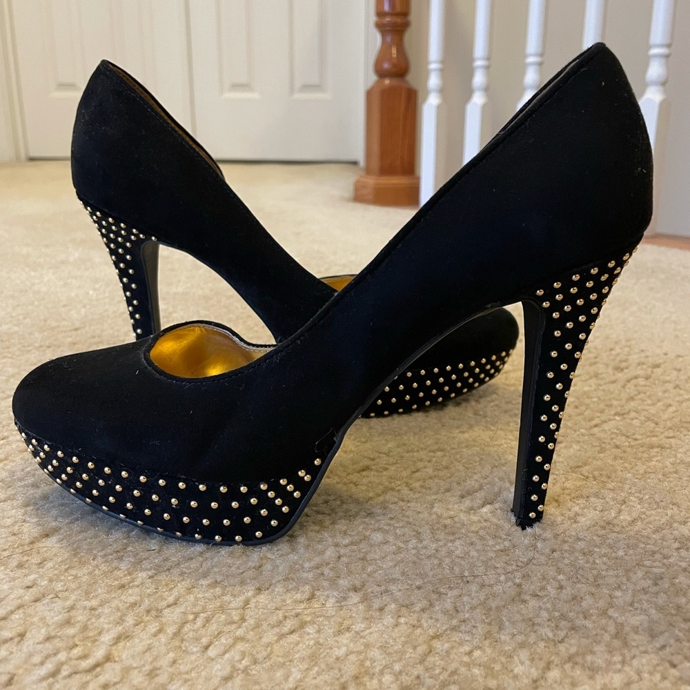 Black suede gold studded heels